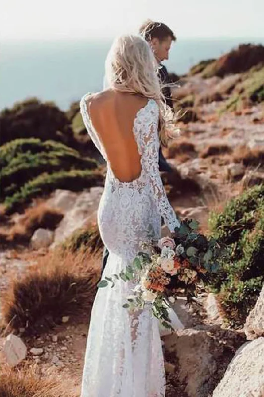 Women's Clothing Sets Bold Patterns Roycebridal Charming Long Sleeve See Through Lace Rustic Mermaid Wedding Dress,MW266