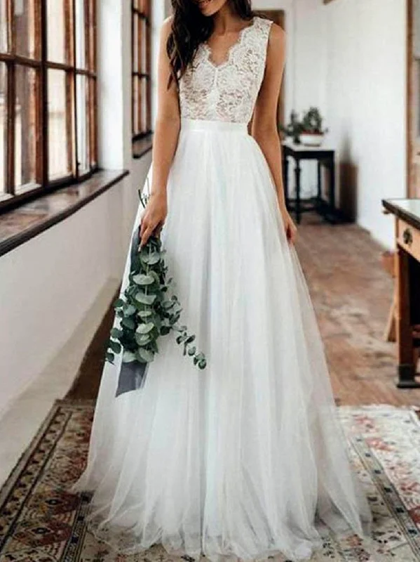 Stylish Women's Outfit Chic Outfits Women A-Line Lace Wedding Dresses Sleeveless V-Neck Bridal Gowns YWD225