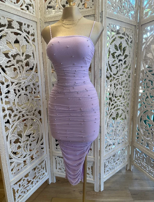 Stock Up On Your Favorites While It Lasts Pearl Detail Lavender Dress- Stretchy,Estira