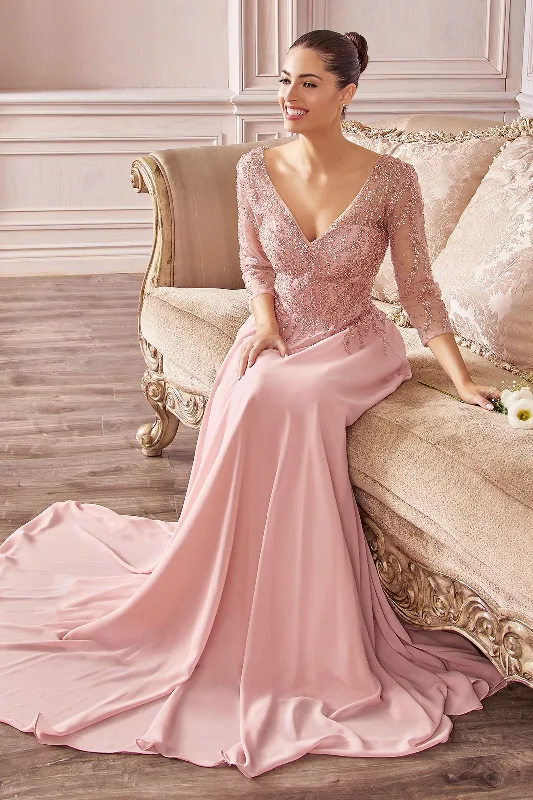 Urban Femme Streetwear Flowy Chiffon A-line 3/4 Sleeves Embellished Bodice Long Mother Of The Bride Dress CDCD0171