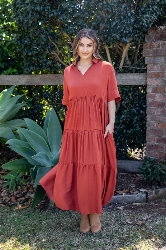 Women's Plus-Size Casual Outfit Crazy Price Slashing Serenity Ruffle Maxi Dress | Rust | FINAL SALE Women's Plus-Size Casual Outfit Crazy Price Slashing Serenity Ruffle Maxi Dress | Rust | FINAL SALE