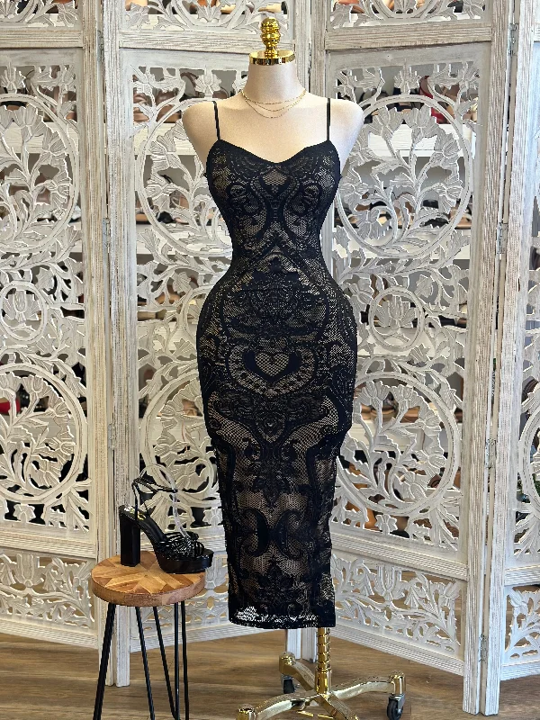 Women's Apparel And Garments Flash Sale Now Thin Strap Lace Black Midi Dress- Stretchy,Estira