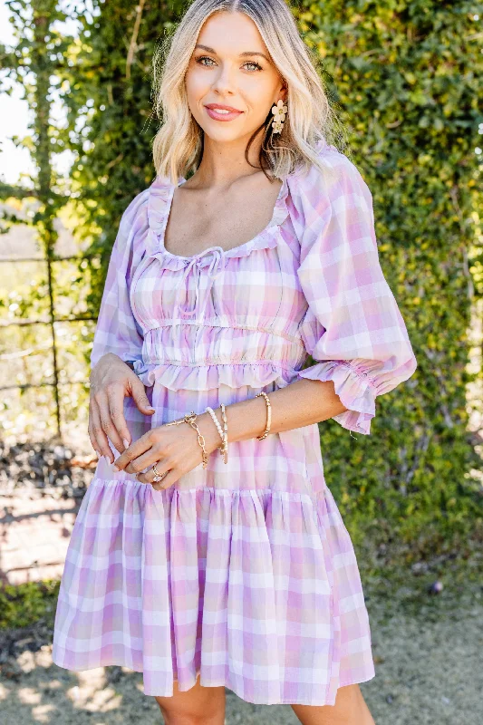 Women's Functional Apparel For Outdoor Activities Style Streetwear Lost In Love Lavender Purple Gingham Dress