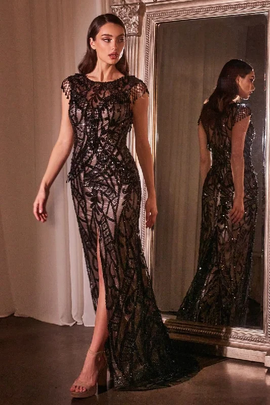 Women's Chic Outerwear Outfit Black Nude Sheath Embroidered Sequin Long Mother Of The Bride Dress CDCC4007