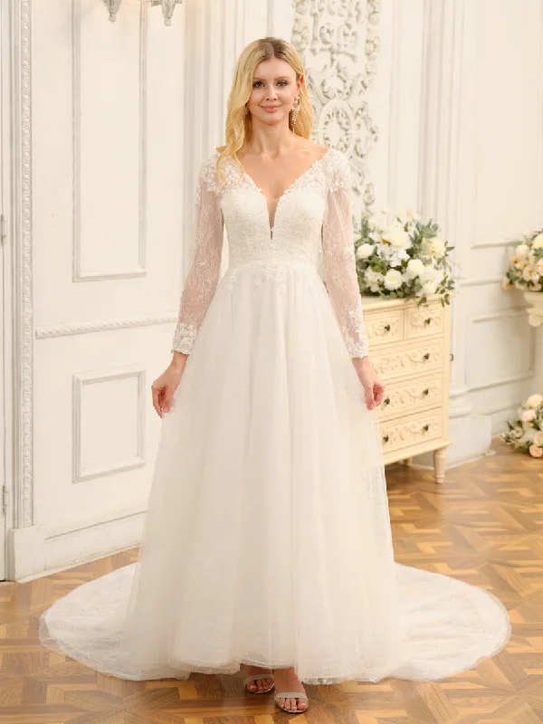 Fashionable Women's Casual Apparel Soft Textures A-Line/Princess V-Neck Long Lace Wedding Dresses with Appliques & Long Sleeves