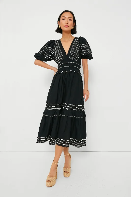 Classic Women's Apparel Trendy Street Style Attire Black Mable Cambric Puff Sleeve Midi Dress
