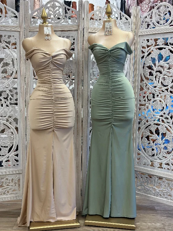 Women's Fashion Clothes Sale Event, Prices Rock Ruched Off Shoulder Gown- Stretchy