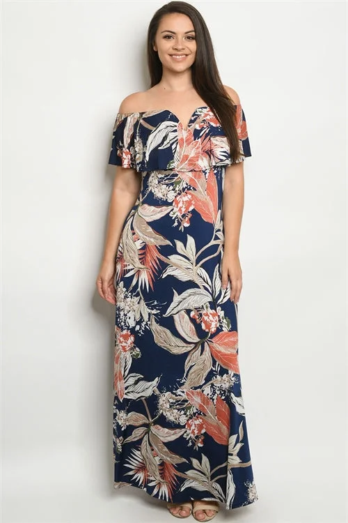 Women's Casual Apparel Buy More, Save More Navy Blue Leaf Print Plus Size Maxi Dress Women's Casual Apparel Buy More, Save More Navy Blue Leaf Print Plus Size Maxi Dress