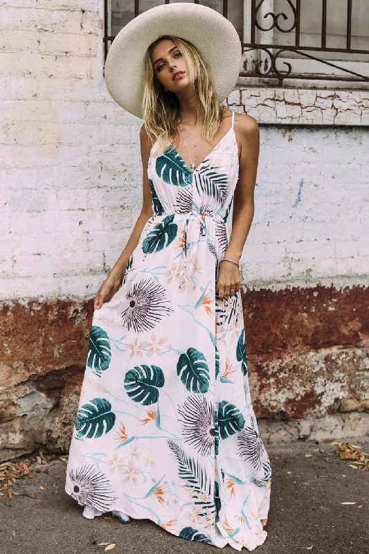 Women's Resort Garments Stylish Statements JuliaFashion-Dream Big Palm Leaf Print Plunging Neck Maxi Dress Women's Resort Garments Stylish Statements JuliaFashion-Dream Big Palm Leaf Print Plunging Neck Maxi Dress