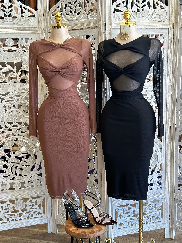 Women's Activewear Apparel Trendy Aesthetics Knotted Long Sleeve Mesh Midi Dress - Estira, Stretchy Women's Activewear Apparel Trendy Aesthetics Knotted Long Sleeve Mesh Midi Dress - Estira, Stretchy