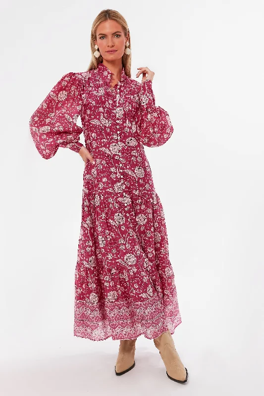 Women's Plus-Size Attire Flowy Fabric Magenta Mulberry High Neck Button Maxi Dress Women's Plus-Size Attire Flowy Fabric Magenta Mulberry High Neck Button Maxi Dress