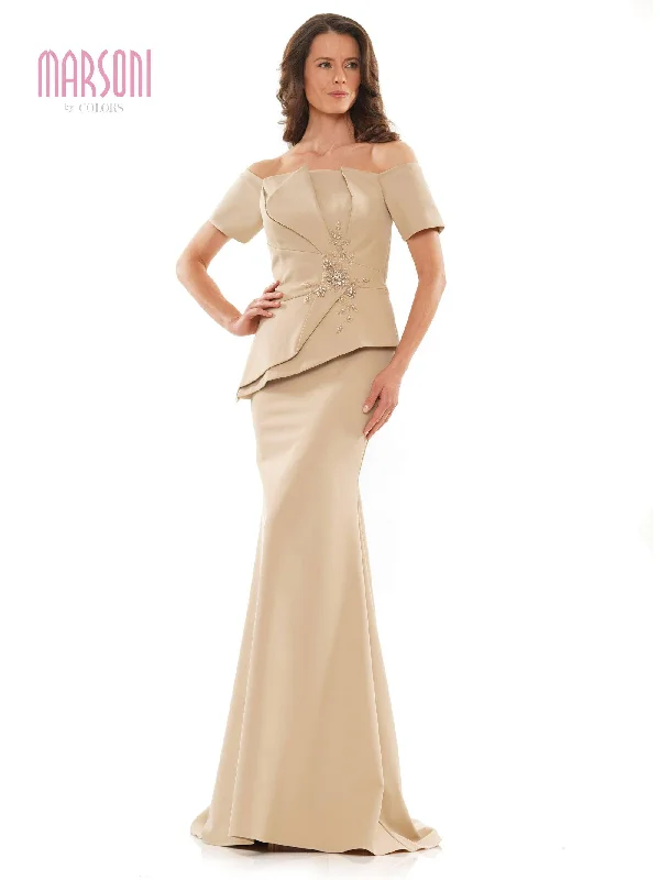 Women's Trendy Activewear Apparel Minimalist Chic Marsoni Long Off Shoulder Fitted Formal Gown 1163