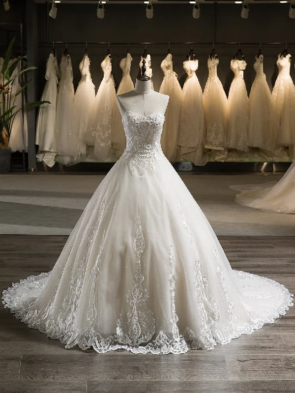 Women's Comfy Loungewear Outfit Stylish Savings Strapless Sleeveless Tulle Applique With Beading Court Train Ball Gown Wedding Dresses