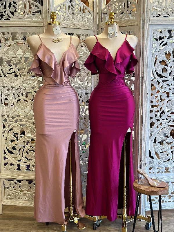 Women's Chic Apparel Find Your Unique Flair Ruffled Off Shoulder Gown - Estira, Stretchy