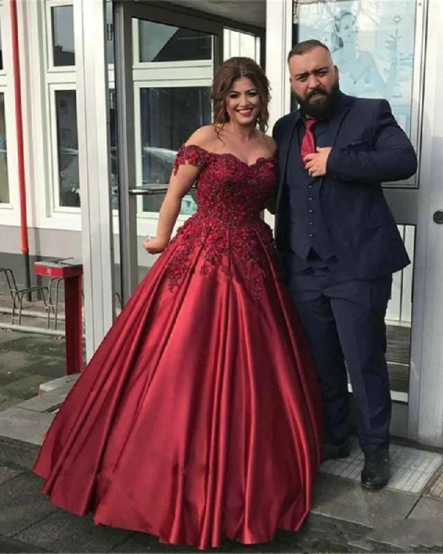 Women's Formal Clothes Trendy Threads Siaoryne Wine red Off Shoulder Ball Gown Women Wedding Party Dress with Lace PL4152