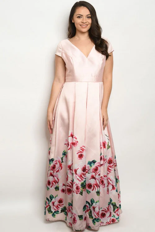 Women's Clothing For Outdoor Activities Season Offer Blush Pink with Roses Plus Size Maxi Dress Gown