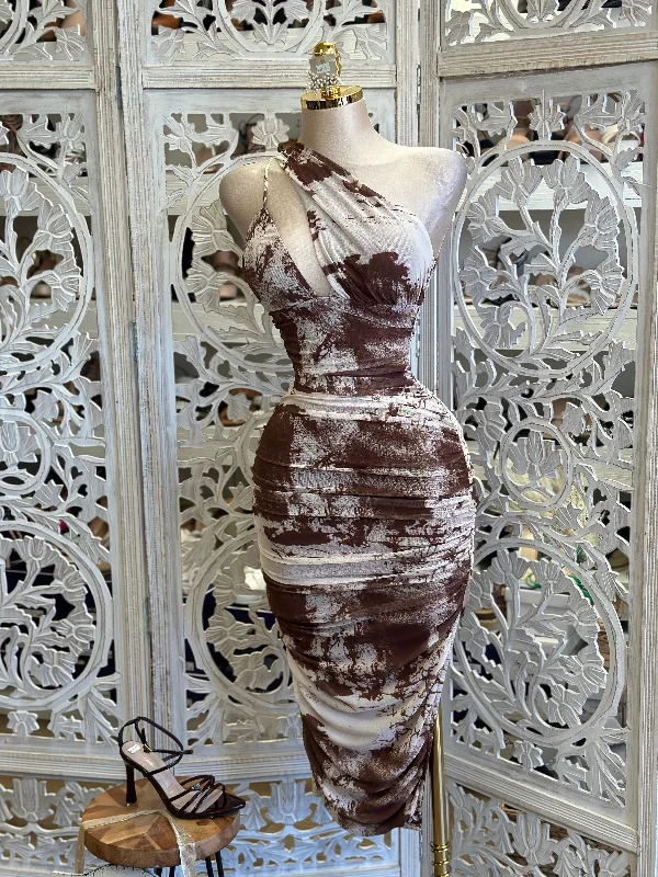 Comfortable Garments For Women Mega Sales Cutout One Sleeve Marble  Midi Dress- Stretchy, Estira