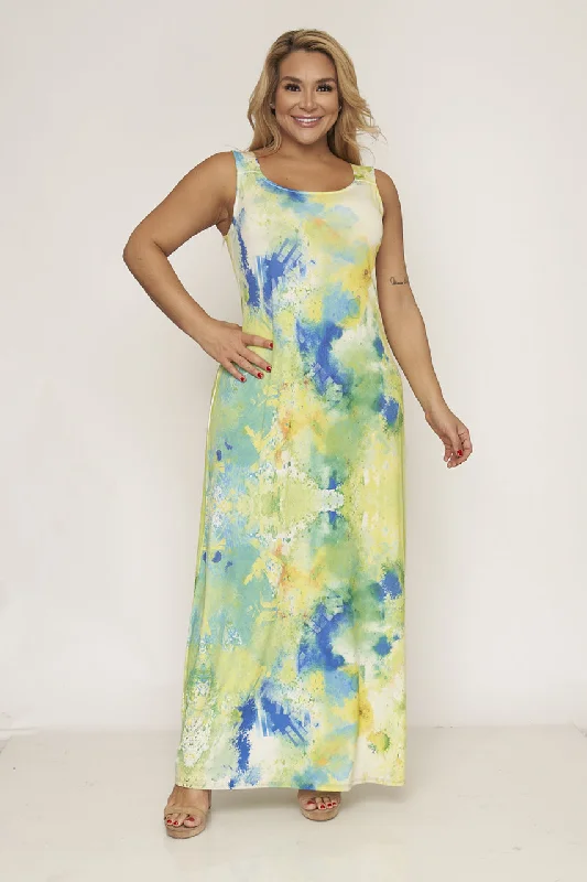 Women's Comfortable Lounge Garments Tropical Island - Inspired Attire Green and Yellow Tie Dye Plus Size Maxi Dress