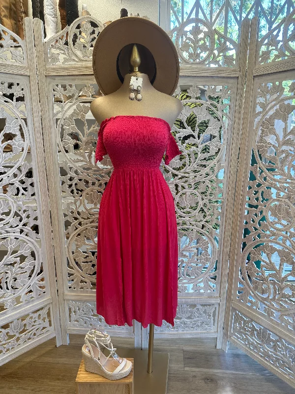 Women's Vacation Garments Shop Our Looks Pink Smocked Midi Dress