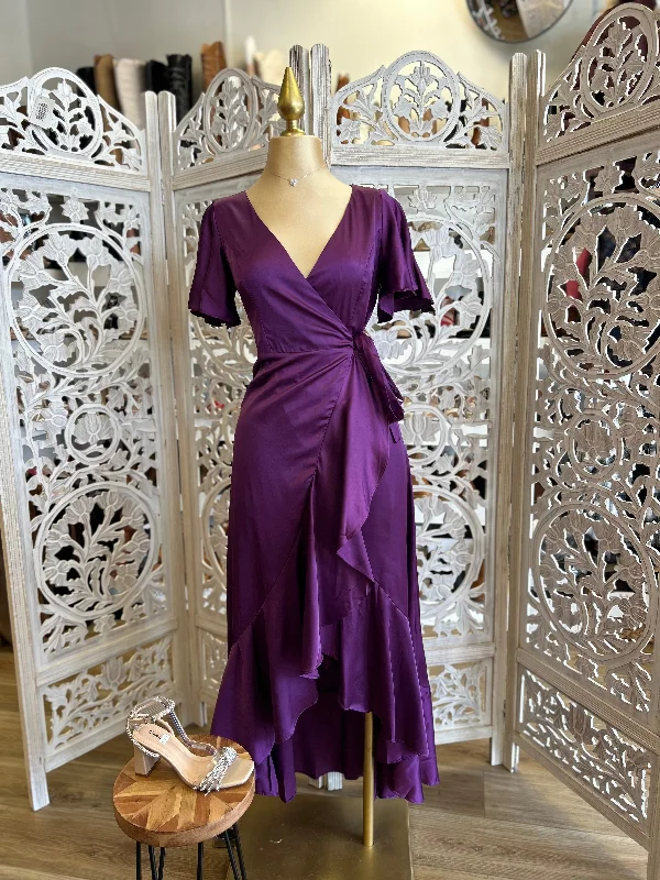 Women's Clothing For Travel Limited Time Special Offer Midnight Purple Ruffle Wrapped Maxi Dress - Not Stretchy
