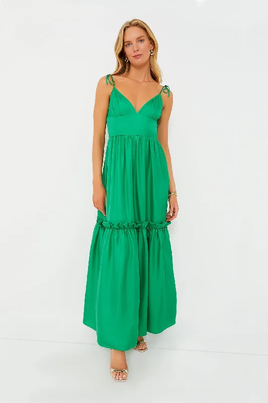 Women's Resort Attire Statement Piece Green Silk Twill Maxi Dress