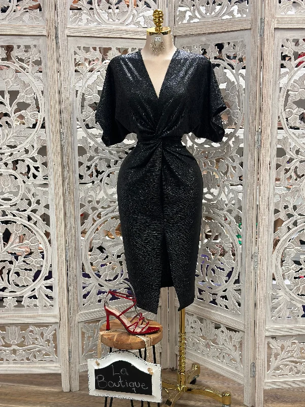 Chic Women's Attire Style Without Limits Black Metallic Knit Knotted Midi Dress- Stretchy,Estira