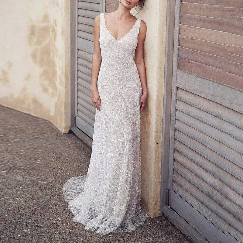 Sustainable Fashion Clothing For Women First Order Discount Roycebridal Sexy V Neck Pure Color Backless mermaid Wedding Dress
