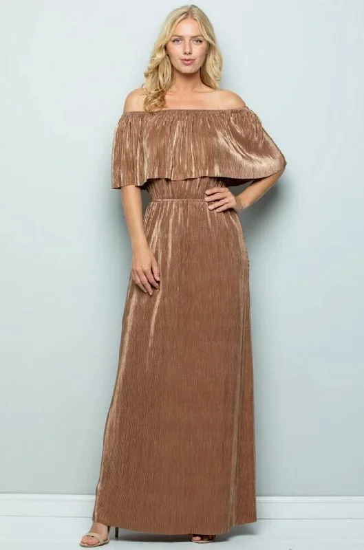 Charming Women's Outfit For Special Occasions Special Offer For You Metallic Ruffle Maxi Dress, Bronze Charming Women's Outfit For Special Occasions Special Offer For You Metallic Ruffle Maxi Dress, Bronze
