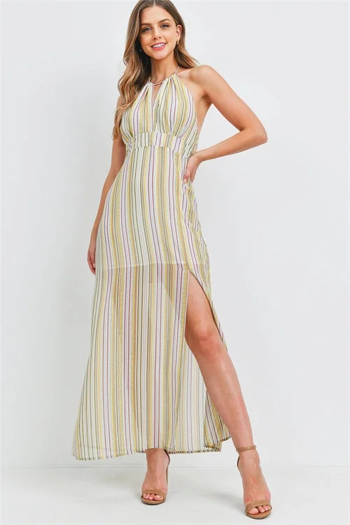 Women's Resort Garments Minimalist Office - Ready Style White Multi Color Stripe Maxi Dress