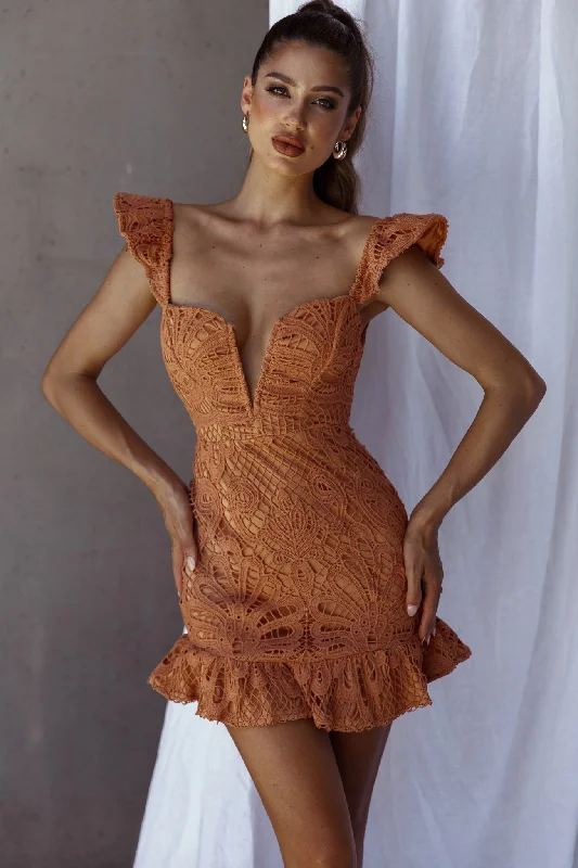 Women's Weekend Outfit Fashion Essentials Mon Papillon Lace Mini Dress Apricot