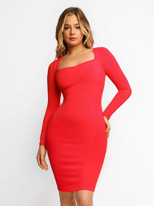 Women's Vintage Attire New Season Fashion Preview Sale Shapewear Long Sleeve Square Neck Modal Slimming Midi Dress