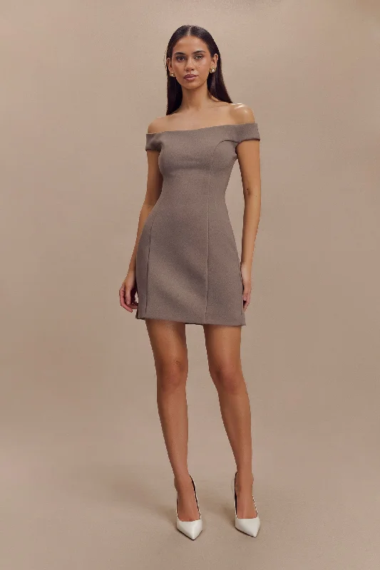 Stylish Women's Outfit Redefining Women's Style Cassidy Crepe Off Shoulder Mini Dress - Smoke Stylish Women's Outfit Redefining Women's Style Cassidy Crepe Off Shoulder Mini Dress - Smoke