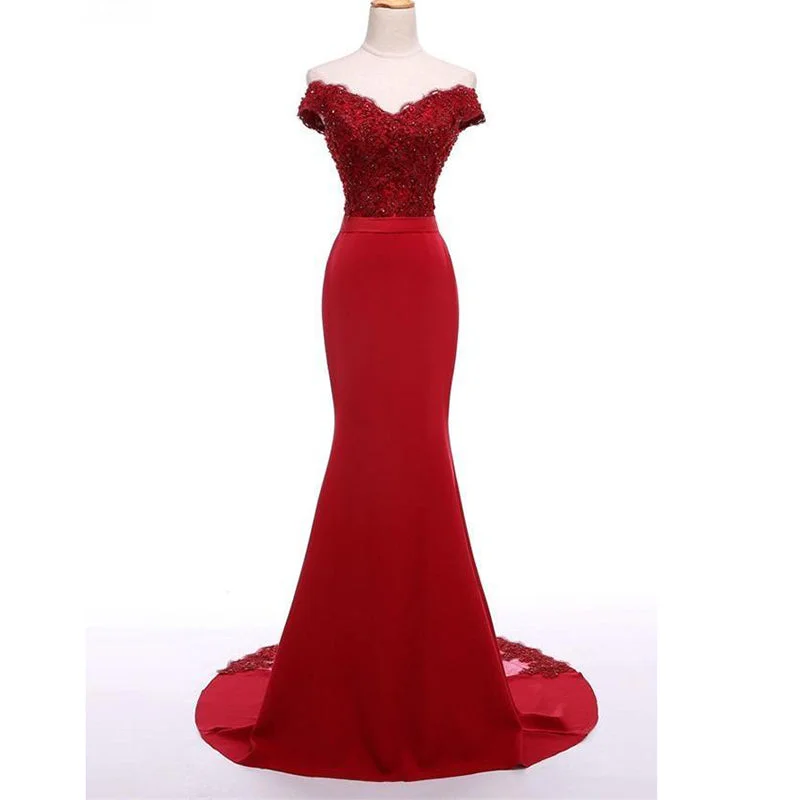 Affordable Fashion Clothing For Women Limited Time Deal Siaoryne LP003 Red Lace Mermaid Bridesmaid Dress off the Shoulder Wedding Guests Dress