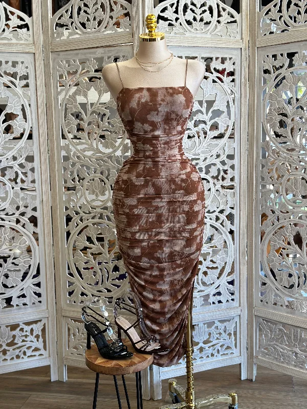 Women's Holiday Apparel Chic And Trendy Brown Pattern Cami Mesh Midi Dress - Estira, Stretchy Women's Holiday Apparel Chic And Trendy Brown Pattern Cami Mesh Midi Dress - Estira, Stretchy