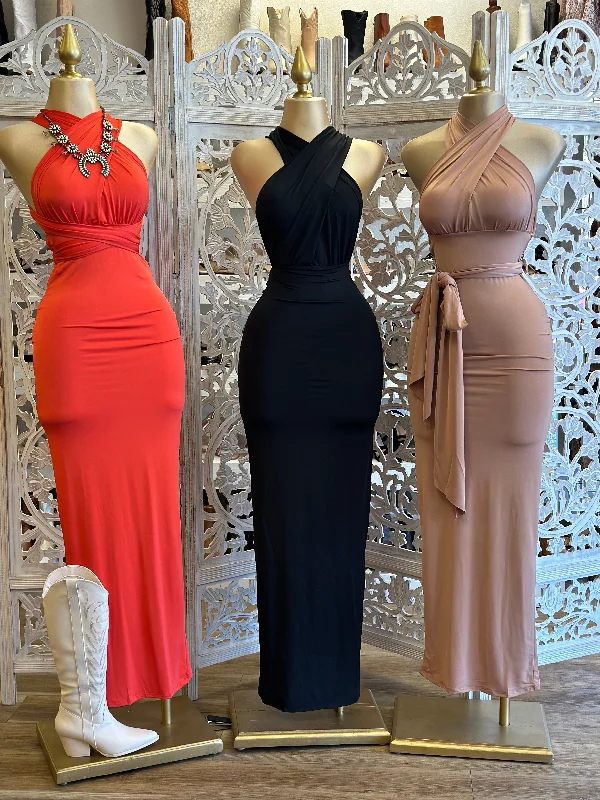 Formal Clothing For Women Budget Friendly Cross Strap Ruched Maxi Dress- Stretchy