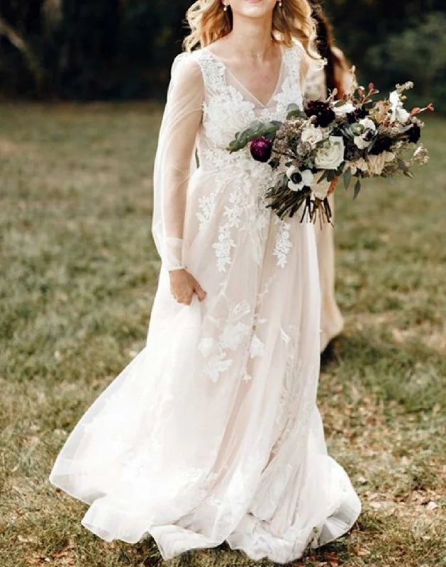 Elegant Women's Attire Top Brand Discounts Women A-Line Appliques Wedding Dresses V-Neck Long Sleeves Bridal Gowns YWD213