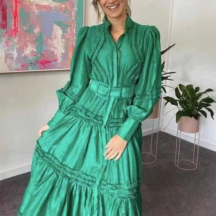 Charming Women's Clothes For Special Events Stylish Looks KittenAlarm - Matilda Bishop Sleeves Belted Maxi Dress