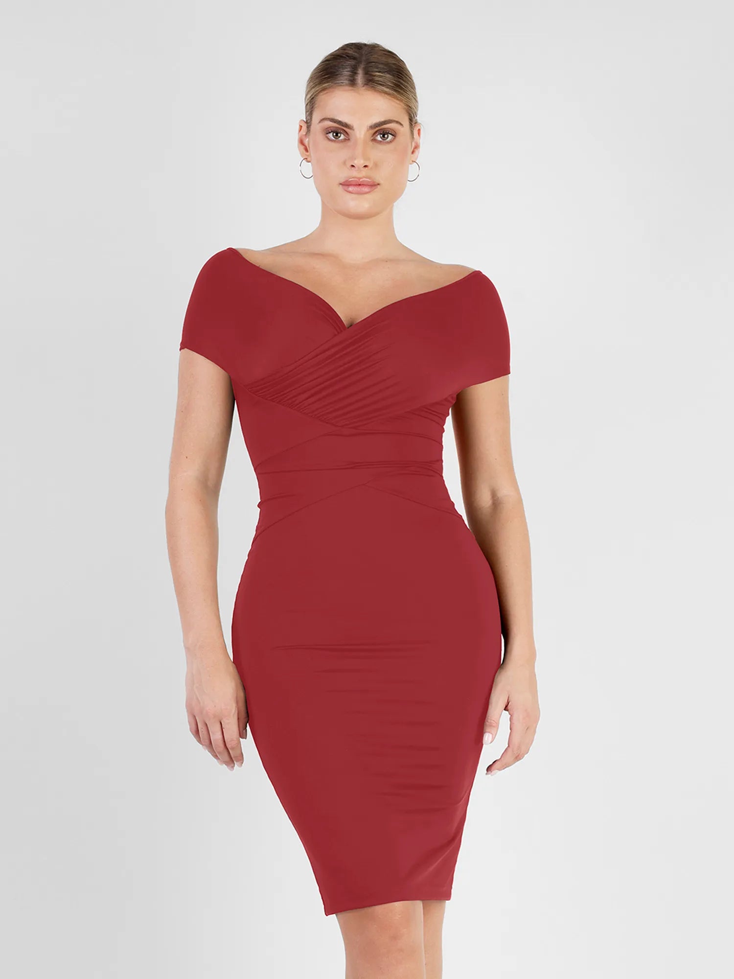 Women's Cozy Winter Attire Athleisure Wear Promotion Shapewear Ruched Off-Shoulder Sculpting Midi Dress