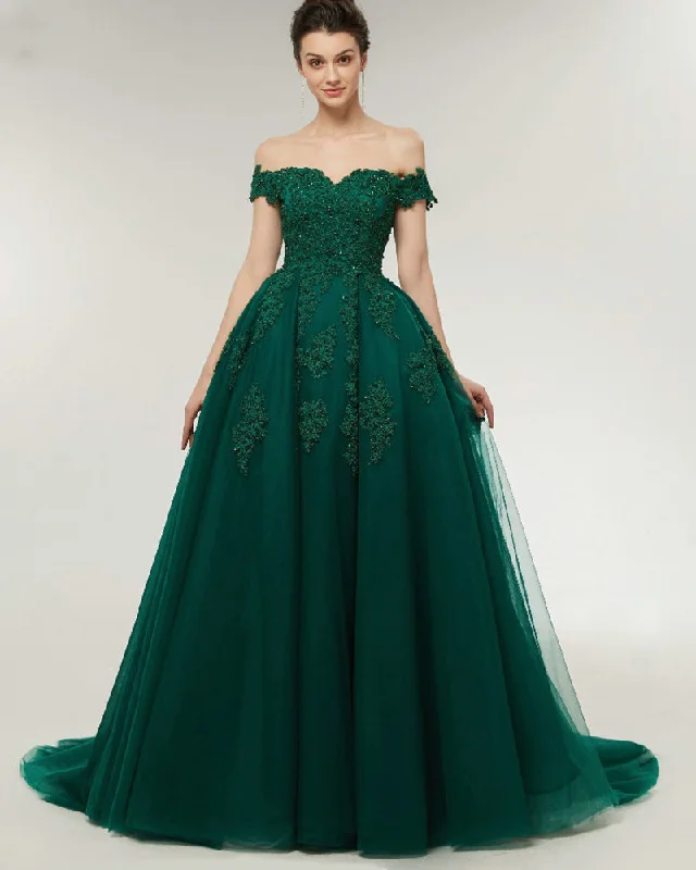 Women's Trendy Apparel Bid Farewell To The Old Season Lace Off the Shoulder Emerald Green Prom Dress Ball Gown Evening Formal Wear ,Women Wedding party Dress PL07041