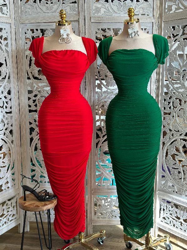 Women's Attire Hurry Before It's Gone Off Shoulder Ruched Midi Dress- Stretchy,Estira