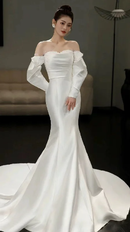 Women's Classic Attire Hot Picks Off shoulder Wedding Dress, Simple Small Train Dress, Slim Bodycon Dress