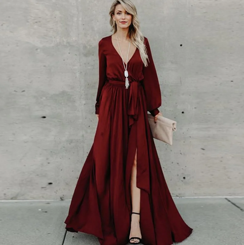 Women's Urban Clothing Fast Fashion Favorites KittenAlarm - Women Casual Long Sleeve V Neck Slit hem Maxi Dress Belted Solid Color Ladies Elegant Long Dress Women's Urban Clothing Fast Fashion Favorites KittenAlarm - Women Casual Long Sleeve V Neck Slit hem Maxi Dress Belted Solid Color Ladies Elegant Long Dress