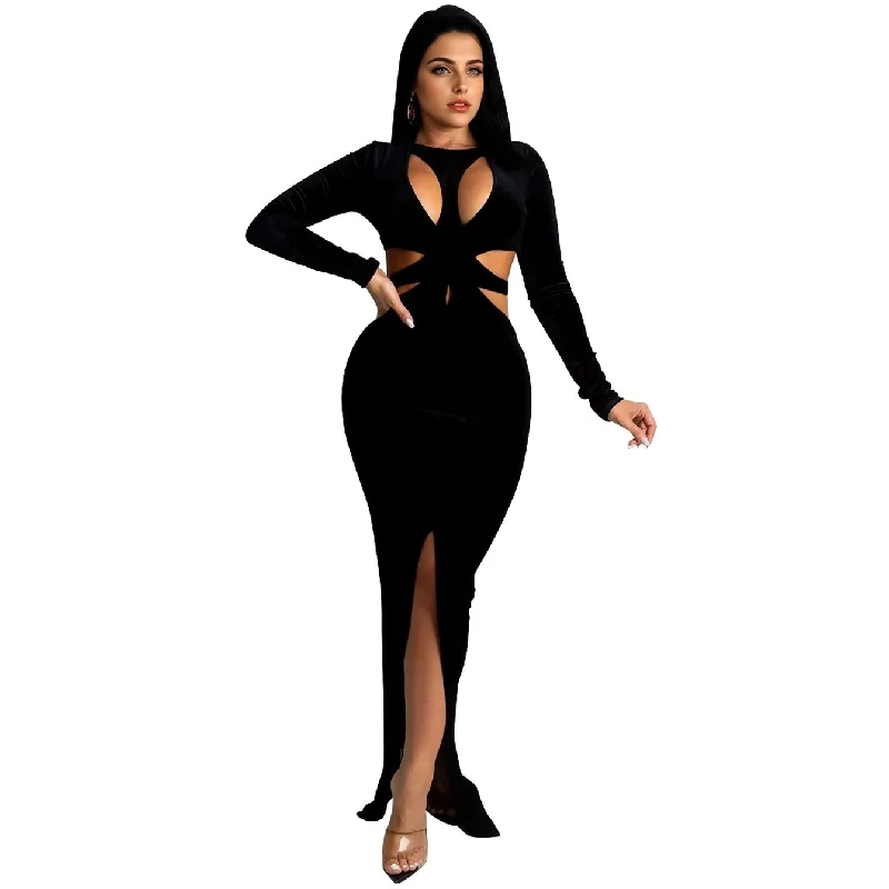 Women's Trendy Clothes Budget Friendly Fashion Julia Fashion - Sexy O Neck Cut Out Long Sleeve Split Maxi Dress