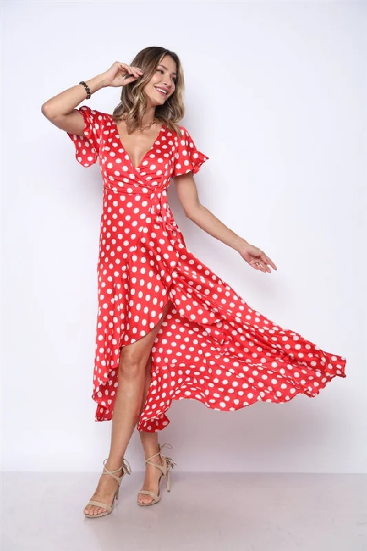 Women's Comfortable Garments Graceful Movement Candy Red Polka Dot Wrap Maxi Dress