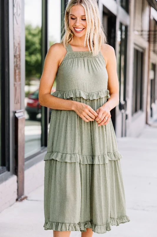 Women's Clothes For Work Events Minimalist Office - Ready Style Celebrate Yourself Olive Green Ruffled Midi Dress