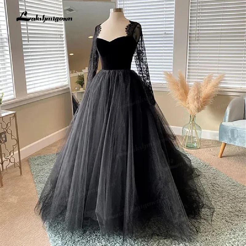 Women's Transitional Outfit Evening Looks Roycebridal Simple Gothic Black Wedding Dresses  Long Sleeves Boho A-line Bridal Dress Vintage Sweetheart Wedding Gowns vestido de novia