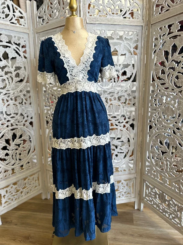 Women's Seasonal Clothing Limited Time Flash Sale Lace Trim Navy Maxi Dress- Not Stretchy Women's Seasonal Clothing Limited Time Flash Sale Lace Trim Navy Maxi Dress- Not Stretchy