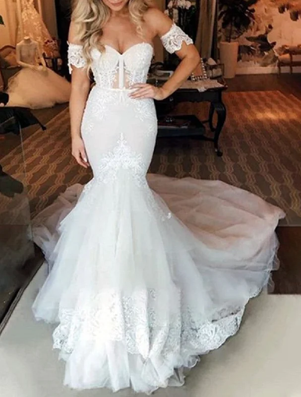 Women's Functional Outdoor Garments Flash Sale, Don't Miss Women Mermaid Appliques Wedding Dresses Sweetheart Lace Bridal Gowns YWD198