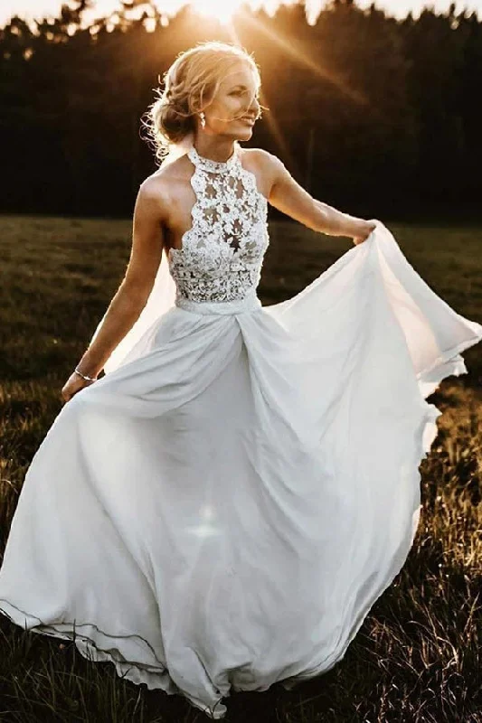 Women's Athletic Clothes Alluring Design Roycebridal Chiffon A-Line Halter Sleeveless Long Beach Wedding Dress with Lace,MW336