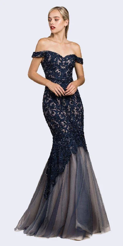 Feminine Soft - Hued Styles Luxury Mermaid Embroidered Sweetheart Bodice Off Shoulder Long Evening & Ball Dress CDA0401